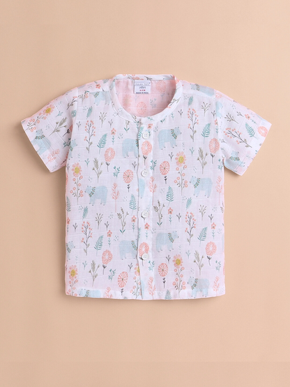 Polka Tots Soft Muslin Cotton Half sleeves Bloomy Bear print Jhabla and Pant Set  - Multicolor