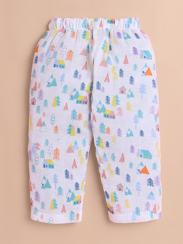 Polka Tots Soft Muslin Cotton Half sleeves Tiny Town print Jhabla and Pant Set  - White
