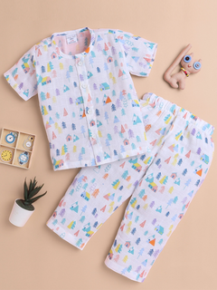 Polka Tots Soft Muslin Cotton Half sleeves Tiny Town print Jhabla and Pant Set  - White