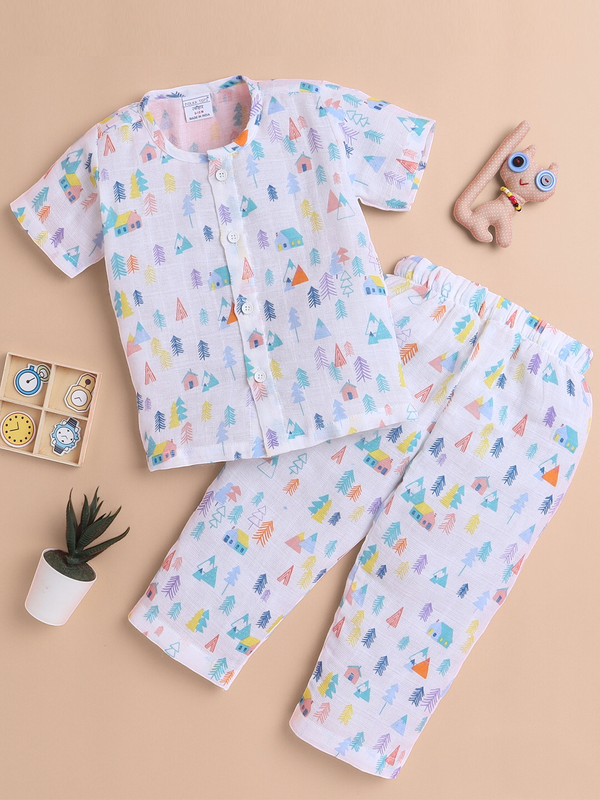 Polka Tots Soft Muslin Cotton Half sleeves Tiny Town print Jhabla and Pant Set  - White