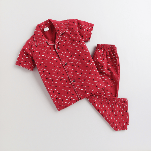 Polka Tots Half Sleeve Moustache and Cap Night Suit  - Maroon