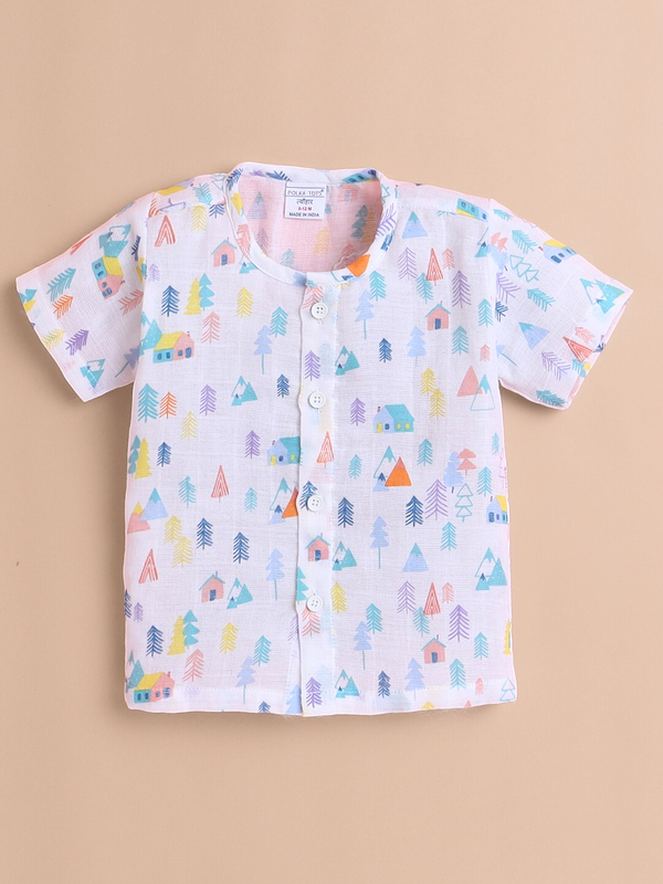 Polka Tots Soft Muslin Cotton Half sleeves Tiny Town print Jhabla and Pant Set  - White