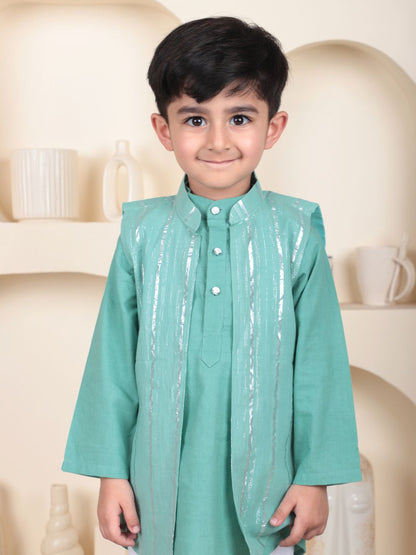Polka Tots Full Sleeve Ethnic Kurta Pyjama Set with Foil Striped Koti - Aqua