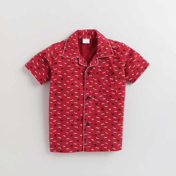 Polka Tots Half Sleeve Moustache and Cap Night Suit  - Maroon