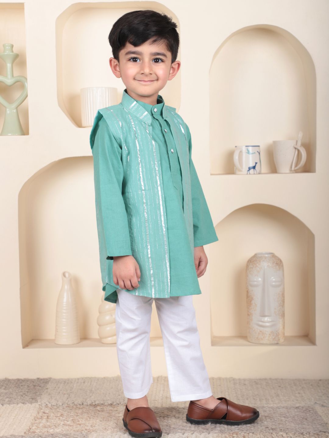 Polka Tots Full Sleeve Ethnic Kurta Pyjama Set with Foil Striped Koti - Aqua