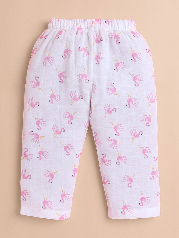 Polka Tots Soft Muslin Cotton Half sleeves Flamingo Fingers print Jhabla and Pant Set - White & Pink