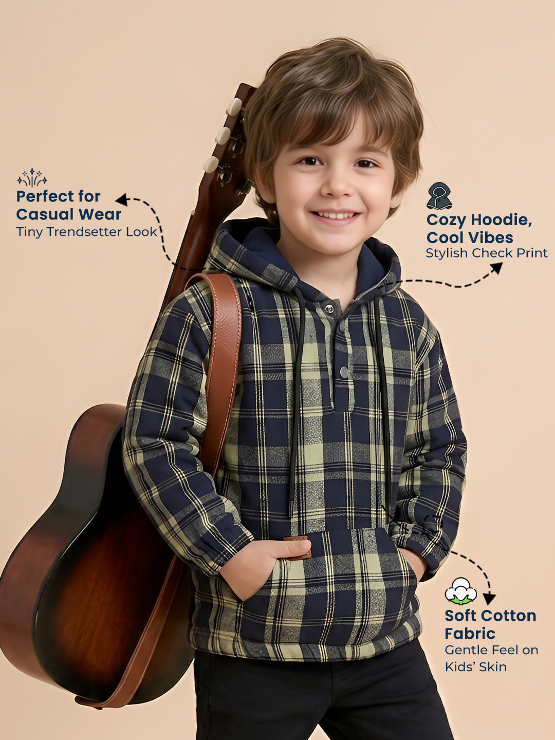 Polka Tots Kids Full Sleeves Checked Hoodie Shirt - Black and Green