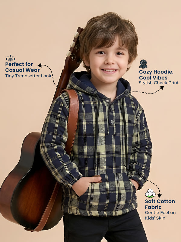Polka Tots Kids Full Sleeves Checked Hoodie Shirt - Black and Green