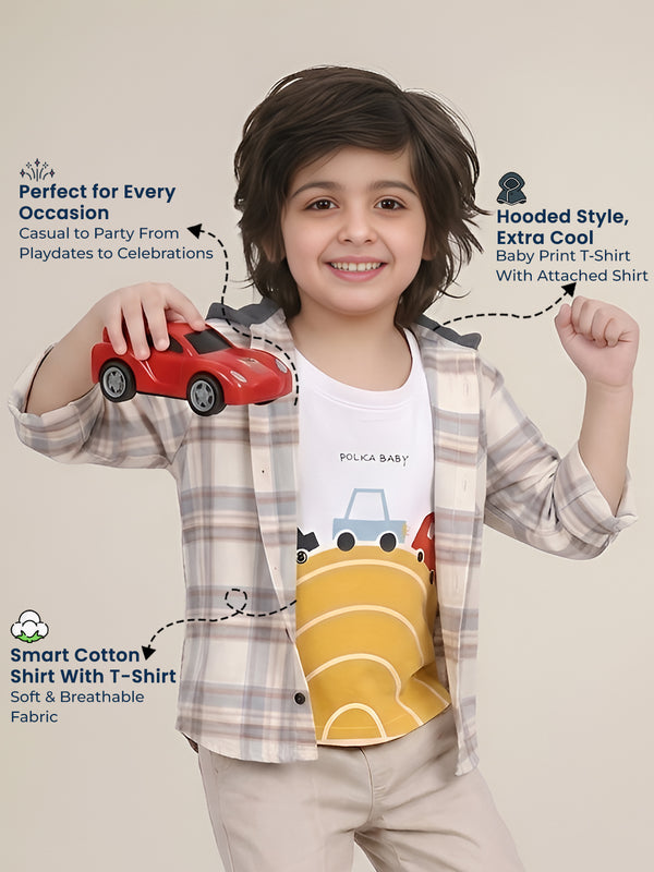 Polka Tots Full Sleeves Polka Baby print Shirt With Attached Tshirt - Cream