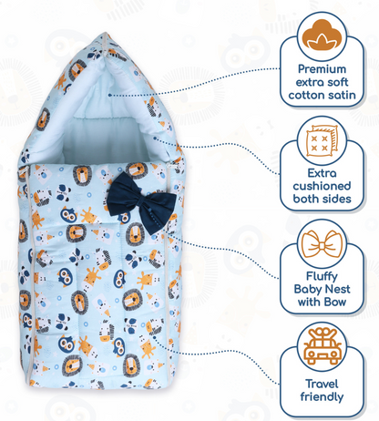 Polka Tots Baby Sleeping Nest Cotton Carry Pod Bedding for Newborn Sleeping Bag with a Bow - Lion print Blue