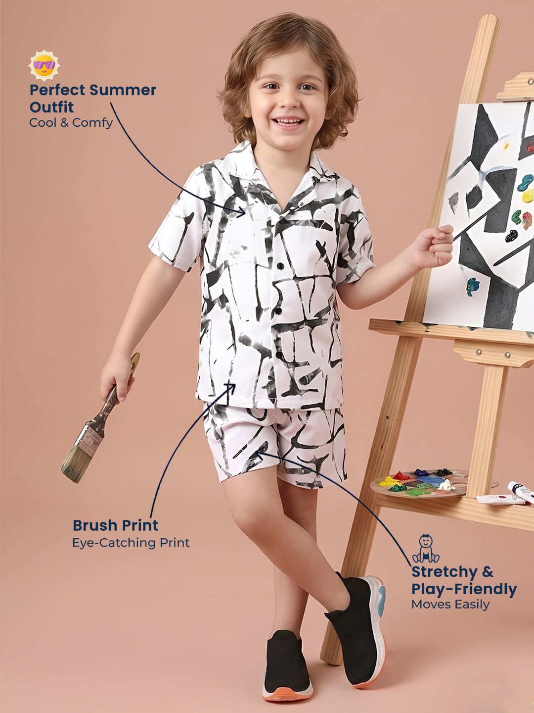 Polka Tots Half Sleeves Brush print Co-ord set - White