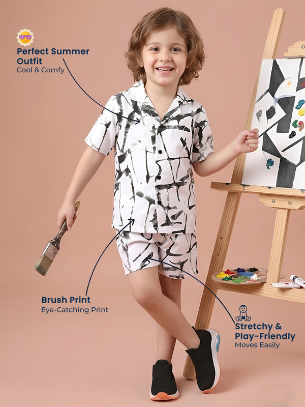 Polka Tots Half Sleeves Brush print Co-ord set - White