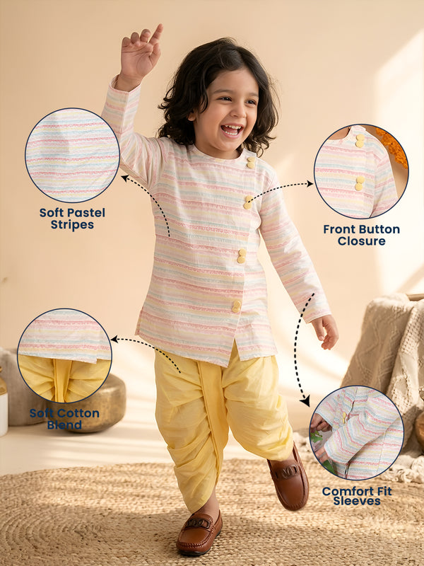 Polka Tots Full Sleeve Stripe Angrakha With Dhoti - Yellow