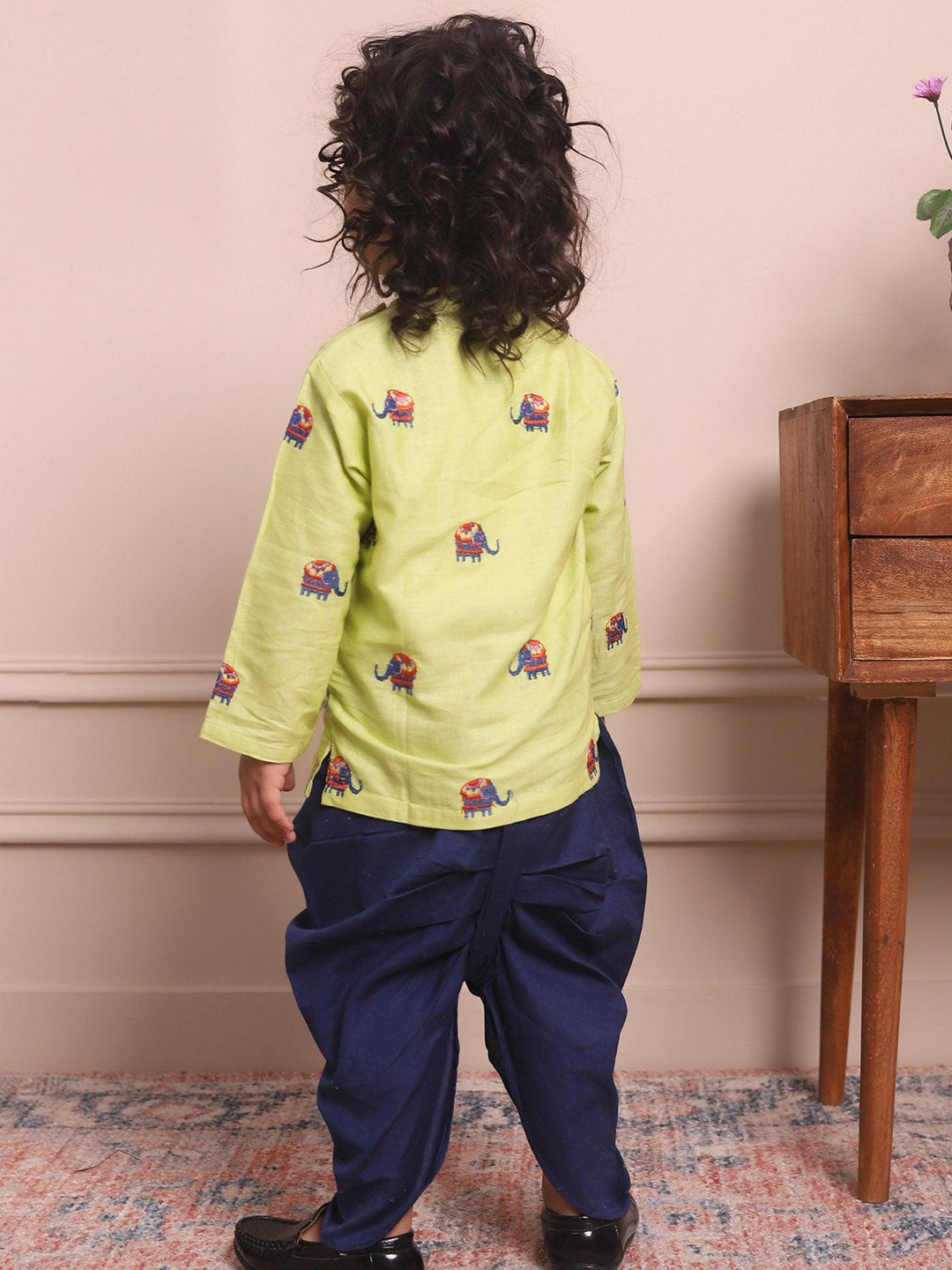 Polka Tots Full Sleeve Elephant Embroidery Angrakha Top With Dhoti - Green