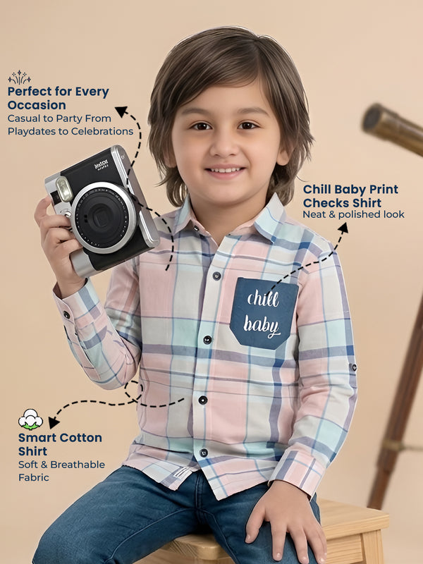 Polka Tots Full Sleeves Chill Baby print Checks Shirt - Blue and Yellow