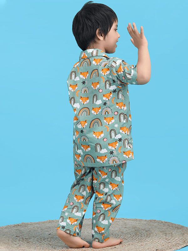 Polka Tots Half Sleeve Fox print Night Suit - Green