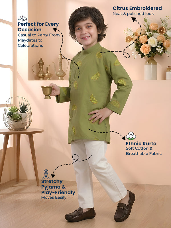 Polka Tots Full Sleeve Citrus Embroidered Ethnic Kurta Pyjama Set - Green