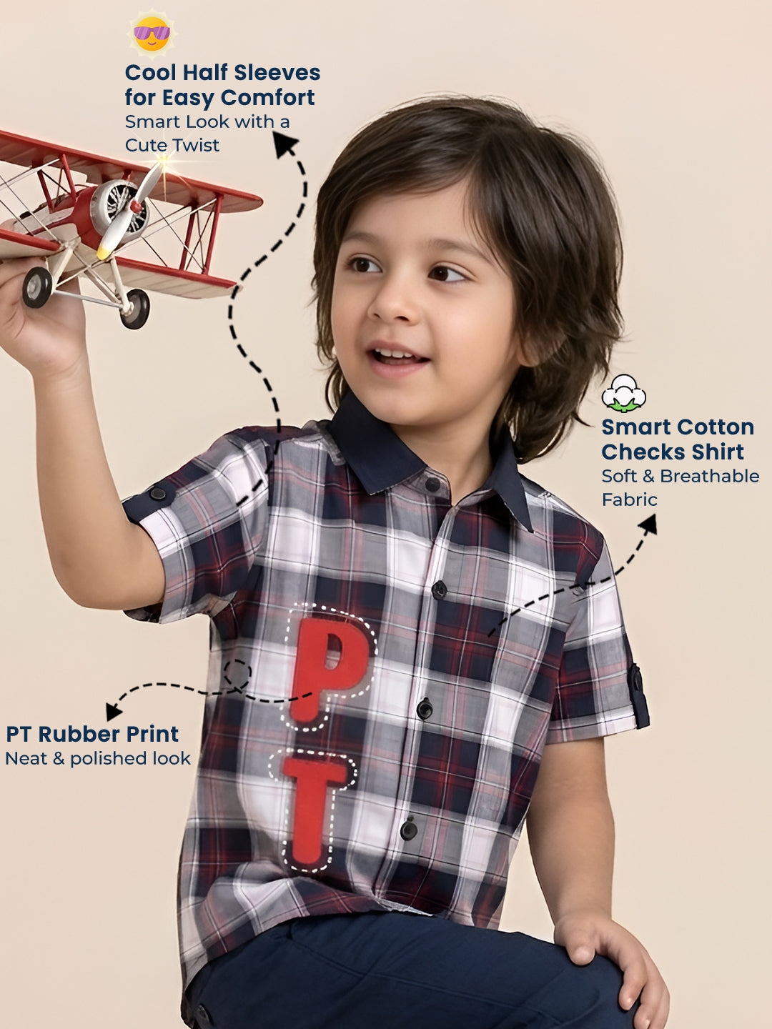 Polka Tots Half Sleeve Checks Kids Shirt PT Rubber Print - Black