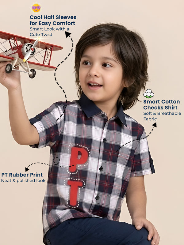 Polka Tots Half Sleeve Checks Kids Shirt PT Rubber Print - Black