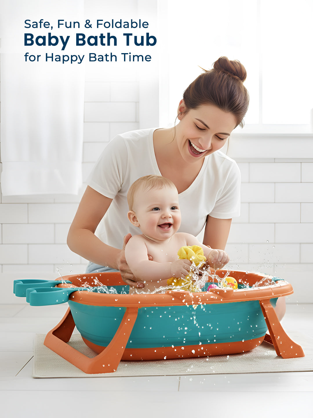 Woman and baby with a foldable baby bath tub in a bathroom setting
