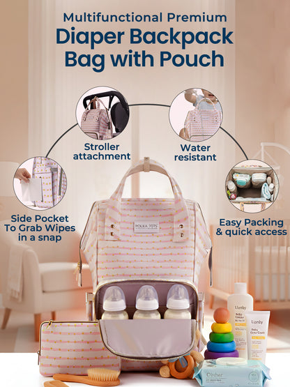 Multifunctional premium diaper backpack bag with pouch on a neutral background