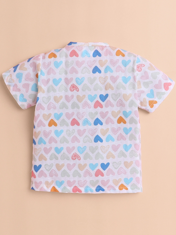Polka Tots Soft Muslin Cotton Half sleeves Mini Hearts print Jhabla and Pant Set - Multicolor