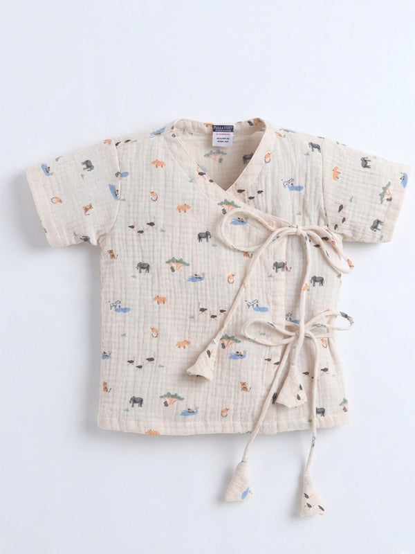 Polka Tots Wrinkled Muslin Cotton Jungle Safari Print Kediya Jhabla & Pant Set - Peach