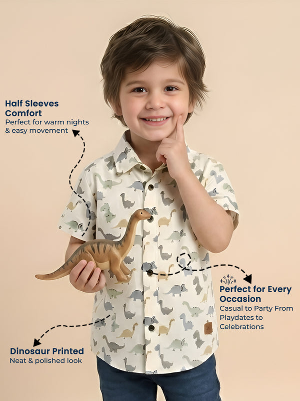 Polka Tots Half Sleeve Shirt Multi Color Dinosaur Print - White
