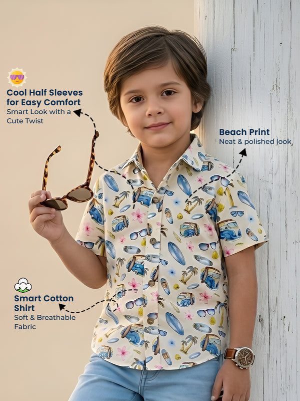 Polka Tots Half Sleeves Shirt Beach Print - Cream and Blue