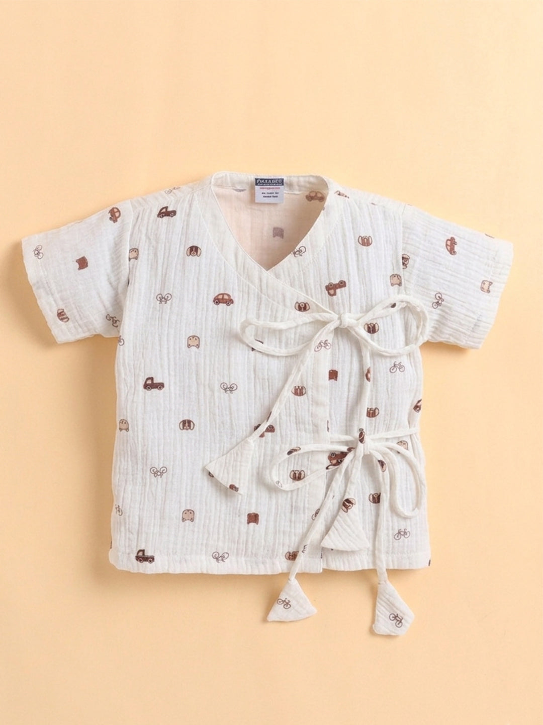 Polka Tots Wrinkled Muslin Cotton Playful Transport & Doodle Print Kediya Jhabla & Pant Set - Off White