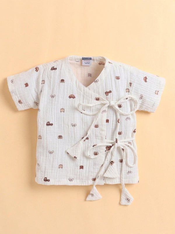 Polka Tots Wrinkled Muslin Cotton Playful Transport & Doodle Print Kediya Jhabla & Pant Set - Off White
