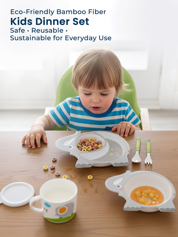 Eco-Friendly 5 Pieces Bamboo Fiber Kids Crockery Set (Cute Elephant)