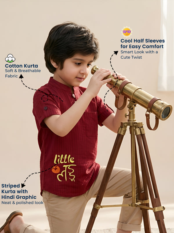 Polka Tots Half Sleeve Striped Kurta with Hindi Graphic - Maroon