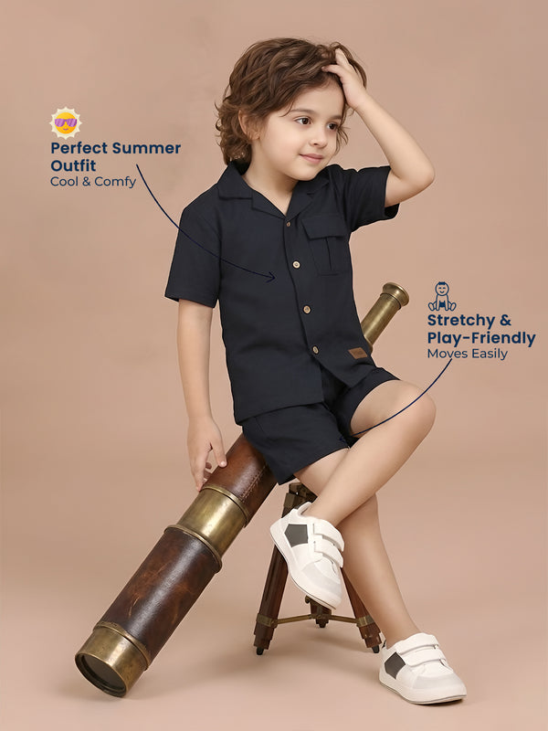 Polka Tots Half Sleeves Solid Co-ords - Navy Blue