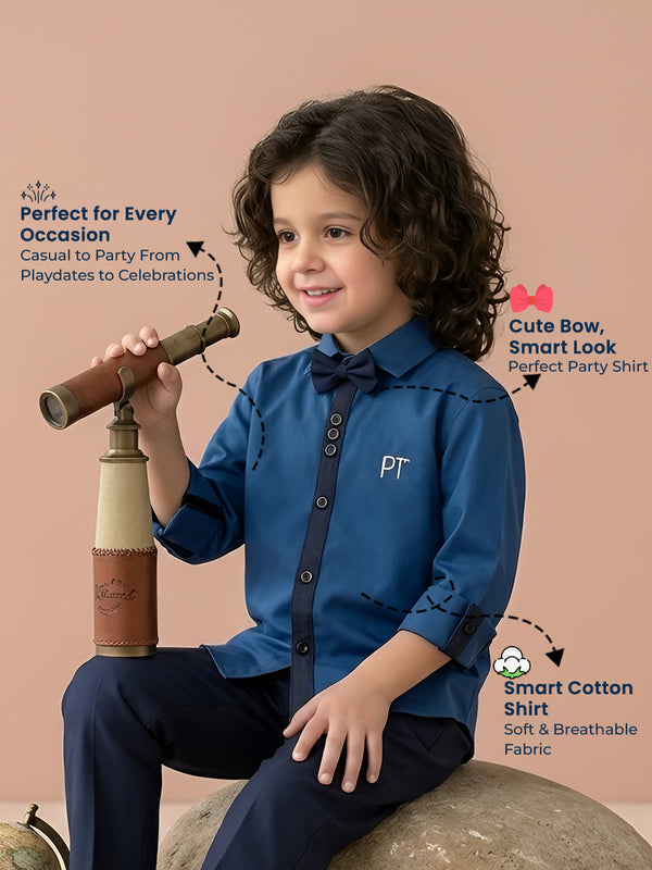 Polka Tots Full Sleeve Party Wear Reverse Collar Placket With Bow Tie Shirt - Blue