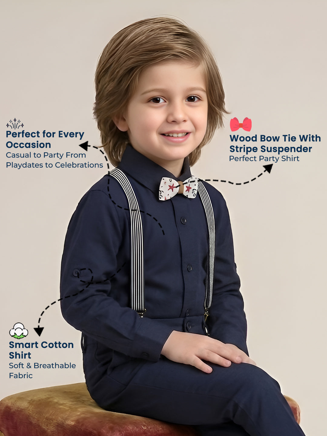 Polka Tots plain party shirt with wood bow tie and stripe suspender - Blue