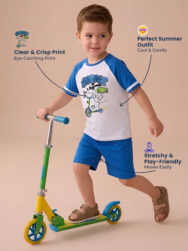 Polka Tots Half Sleeves Scooter Gang print T-Shirt Shorts - White and Blue