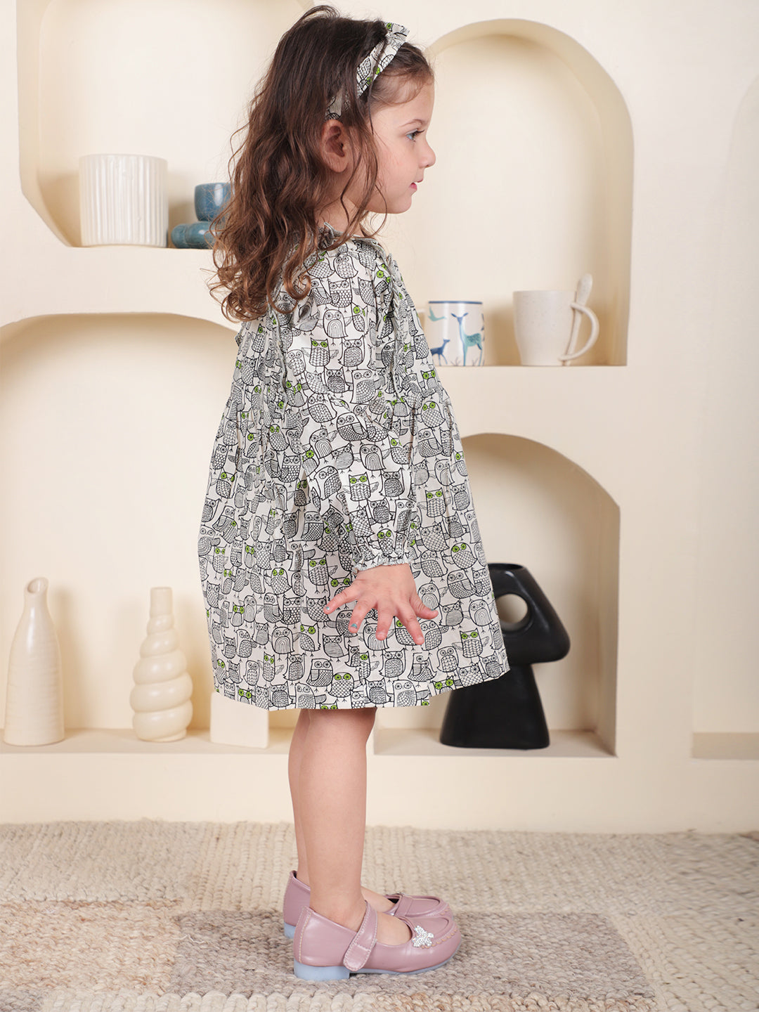 Polka Tots Full sleeve Owl print Frock with Headband - Black