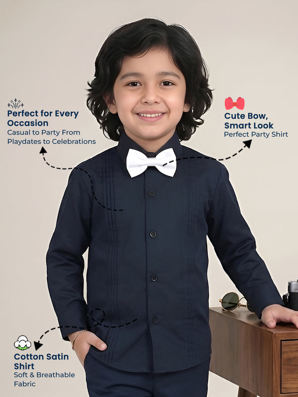Polka Tots Full Sleeves Cotton Satin Shirt with Bow Tie - Black