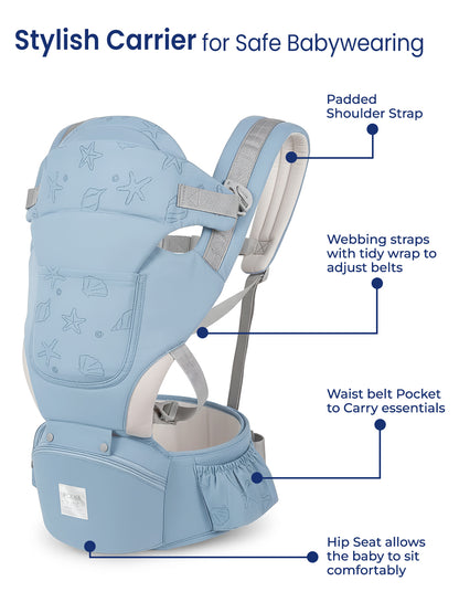 Blue baby carrier with features highlighted on a white background