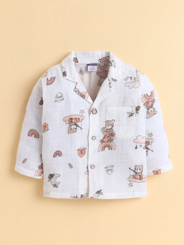 MulMul Sparsh Full Sleeve Teddy Bear Print Muslin Jabla & Pant Set - White