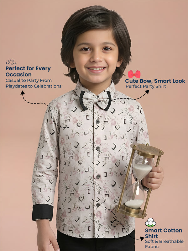 Polka Tots Cotton Full Sleeves Party Wear Shirt With Dual Bow Tie All Over Print - Beige