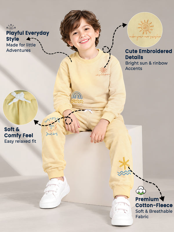 Polka Tots Full Sleeve Sunshine & Rainbow Embroidered Co-ord Jogger Set – Cream