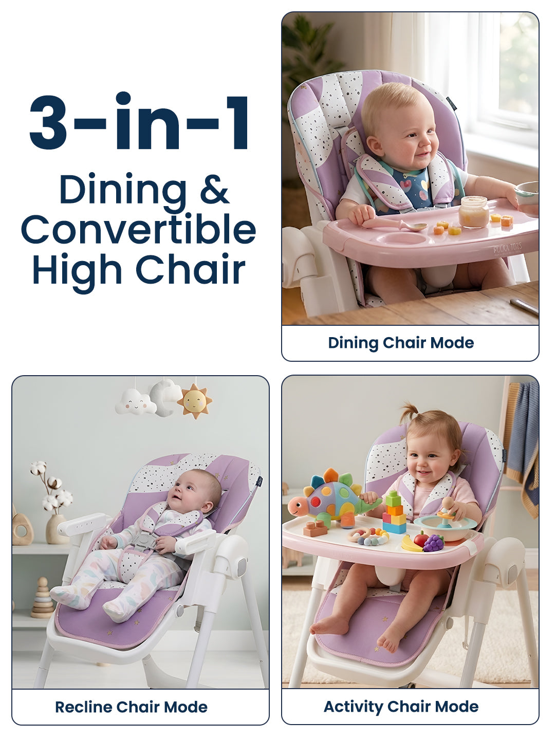 Polka Tots Twist n’ Taste 3 in 1 Convertible Star Design High Chair - (Purple)