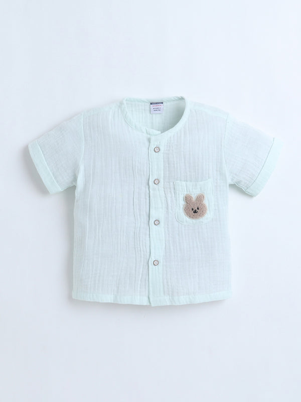 Polka Tots Crinkled Muslin Cotton Bear Pocket Patch Jhabla & Pant Set - Pastel green