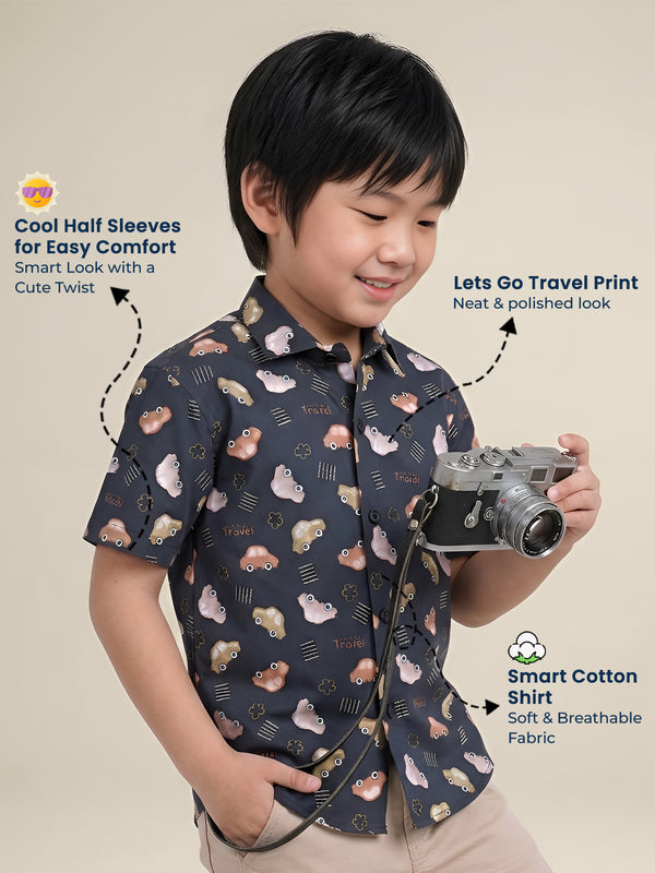 Polka Tots Half Sleeves Lets Go Travel print Shirt - Navy