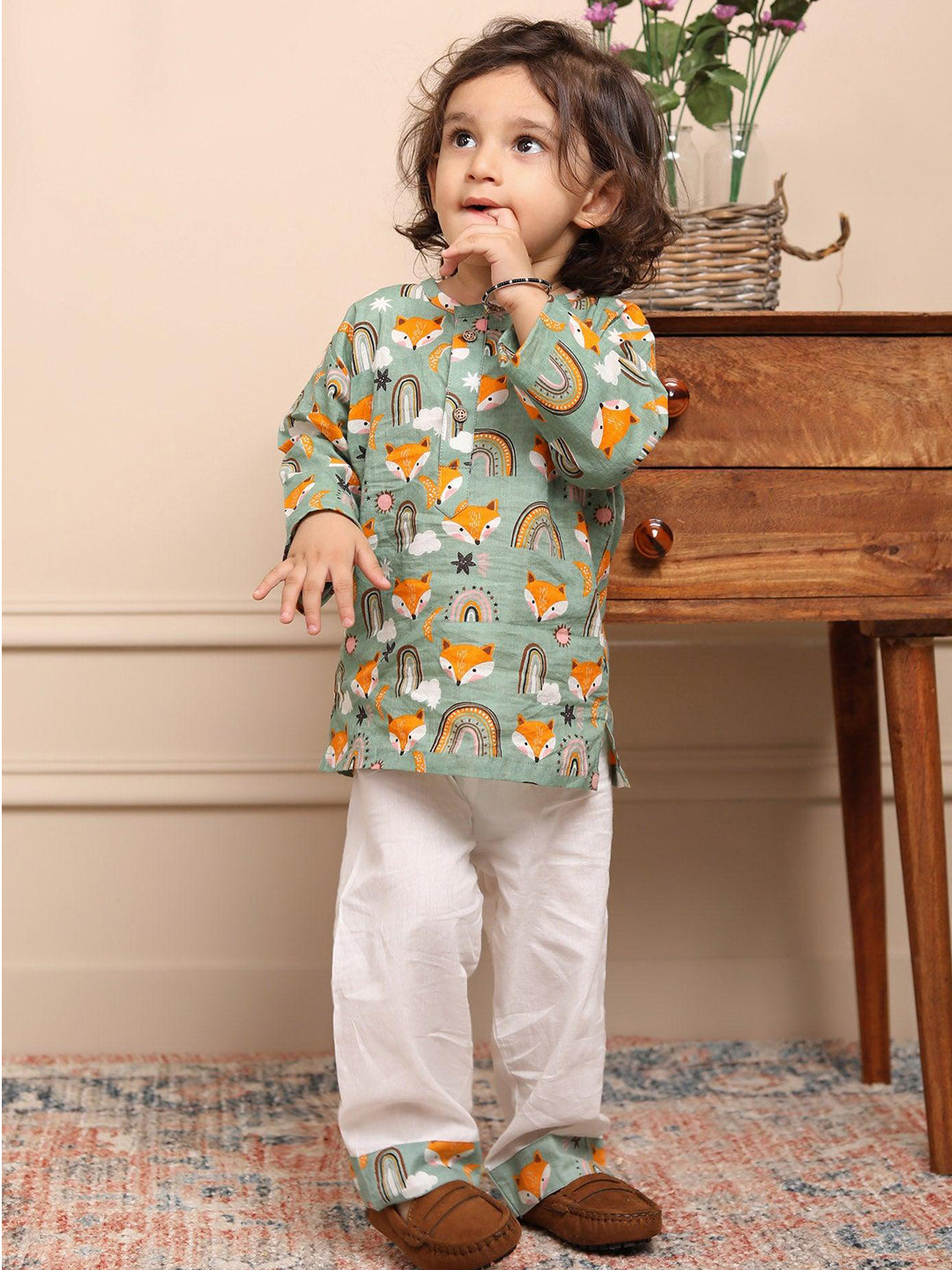 Polka Tots Wolf Print Full Sleeves Nightwear Kurta pyjama set - Green