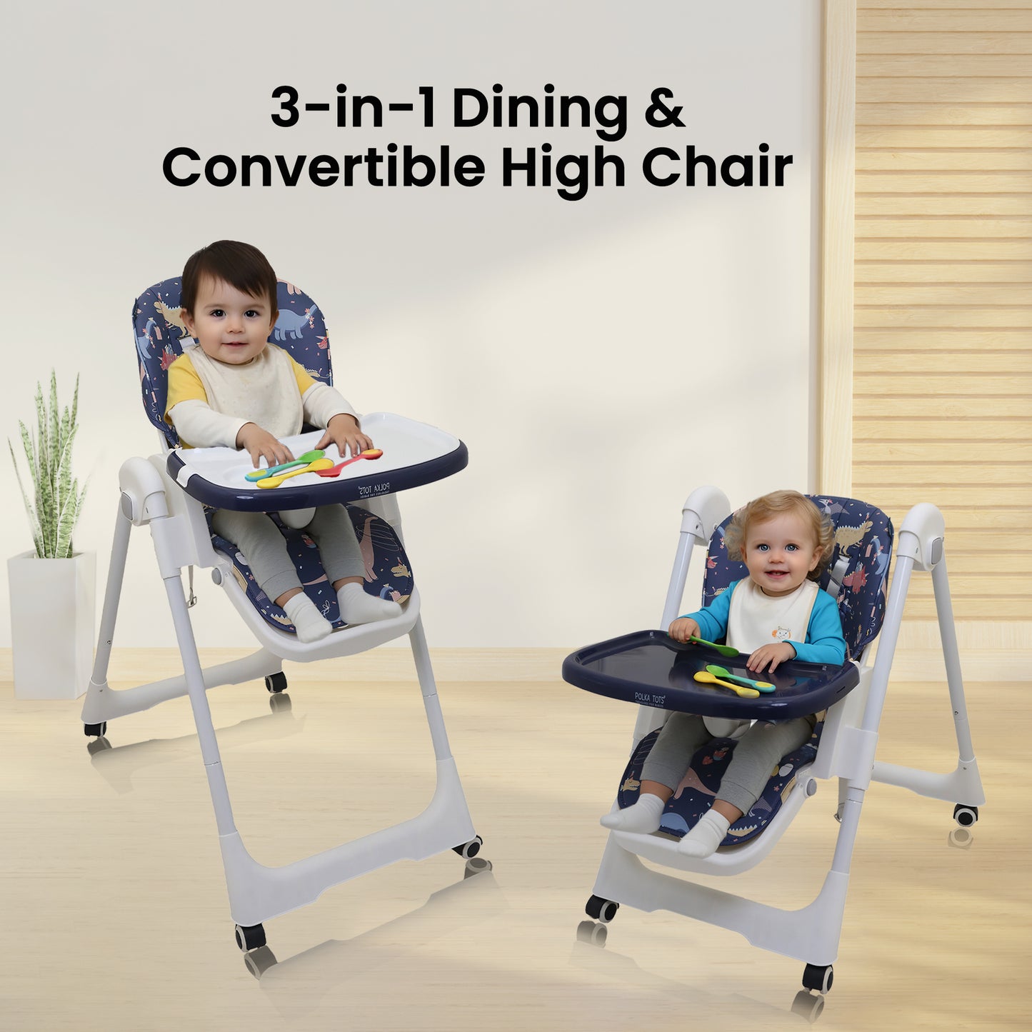 Polka Tots Twist n’ Taste 3 in 1 Convertible Dino Design High Chair - (Blue)