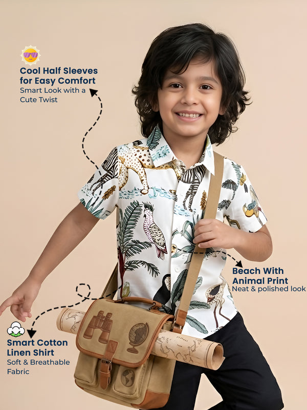 Polka Tots Half Sleeve Kids Shirt 100% Cotton Beach With Animal Print - White