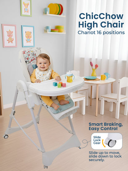 ChicChow high chair with a child in a room setting, featuring text about its features.